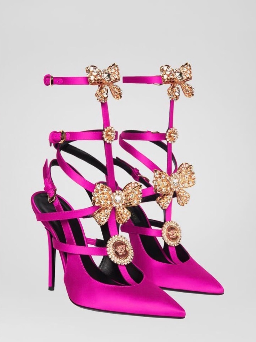 Embellished Fuchsia Satin High Heel Sandals